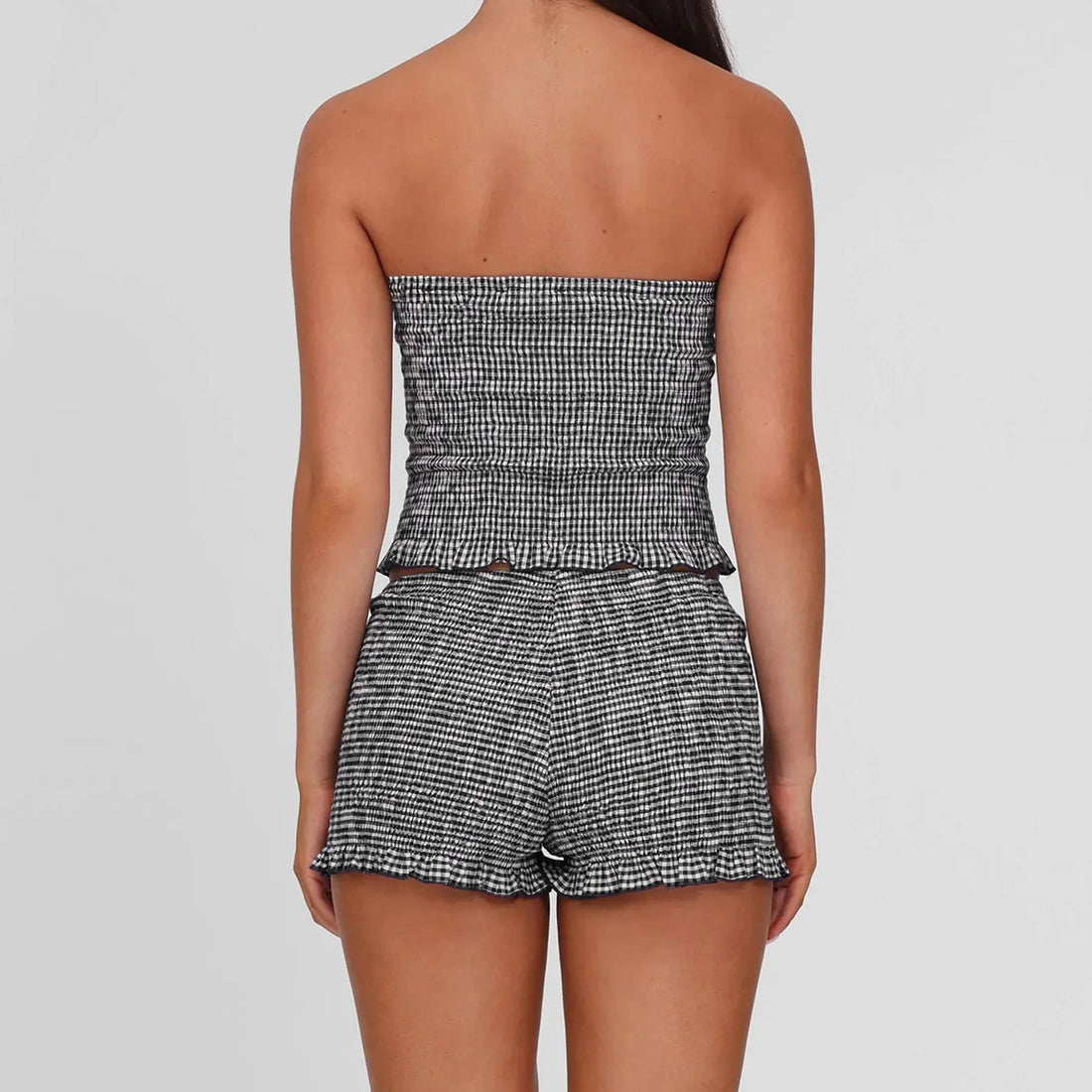 Y2k Summer Outfits | Strapless Sleeveless Smocked Ruffle Hem Tube Top and Shorts | 2000s Clothing