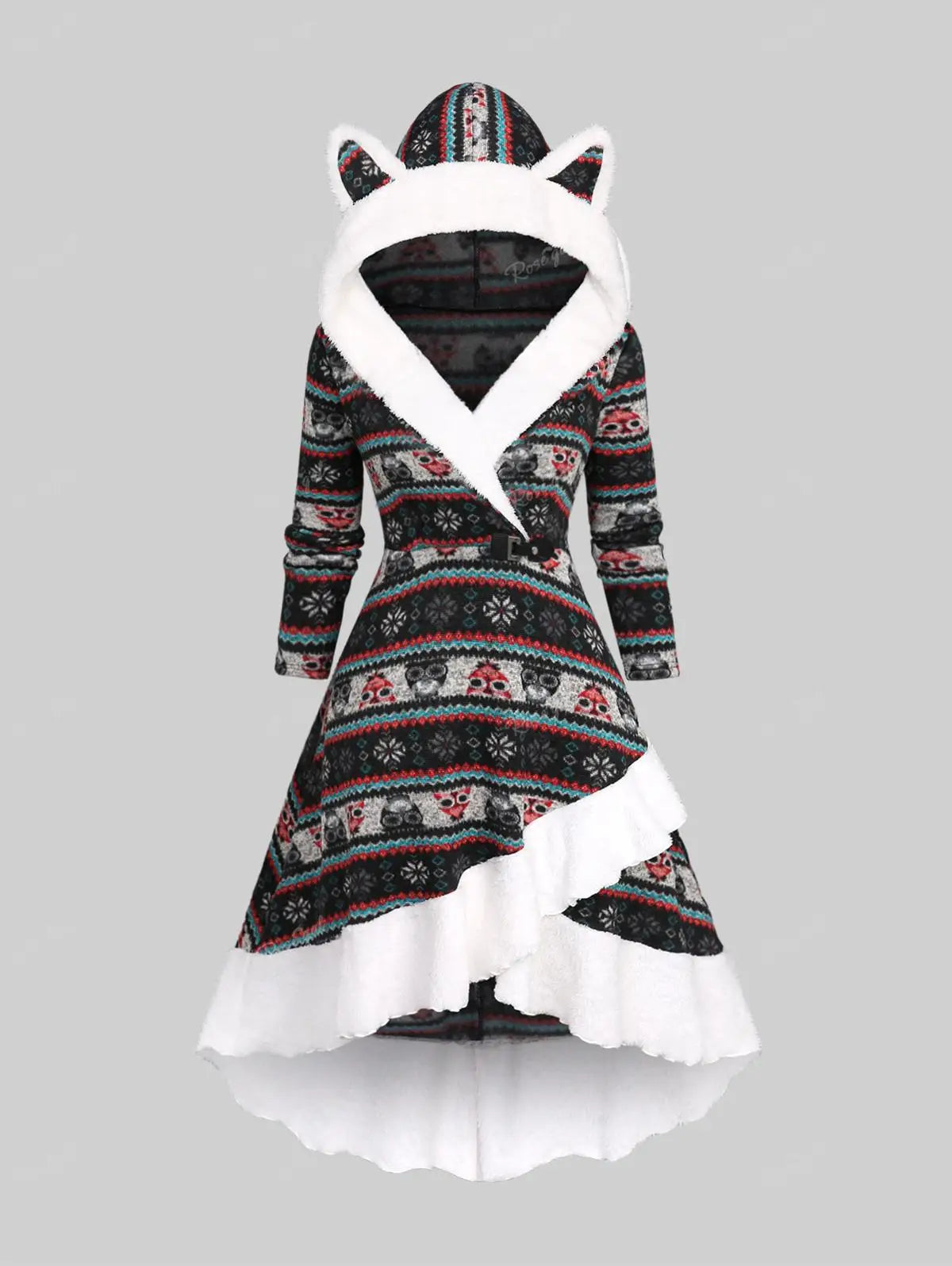 Christmas Snowflake Dress | Graphic Print Fur Panel High Low Hooded Dress