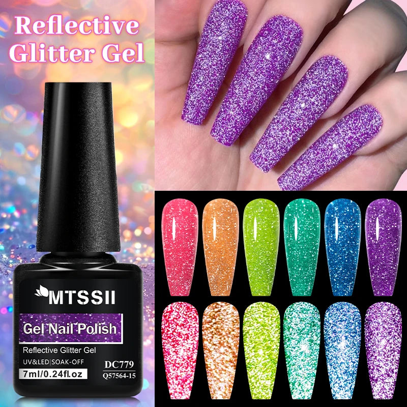 7ML Reflective Glitter Bright Gel Nails Ideas | Pink Color Semi-permanent Soak Off Nail Art