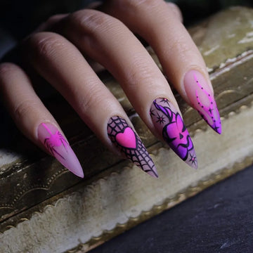24 Purple Valentines Day Nails | Pumpkin Spider Flame Pattern Fake Nail