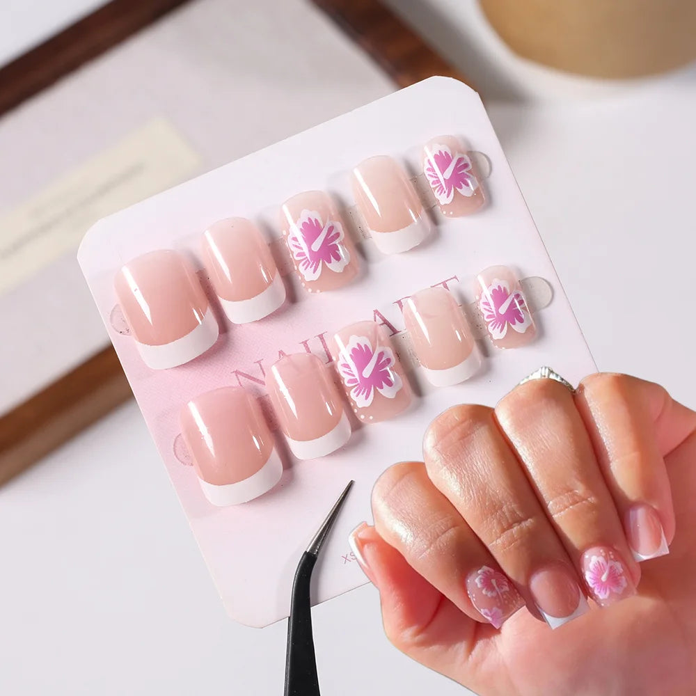 24Pcs French Flower False Nails Pink Hibiscus Design