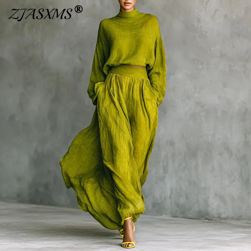 Autumn Fashion | Long Sleeve Turtleneck Top Pullover+Maxi Skirts 2 Pieces Sets | Retro Woman Outfits