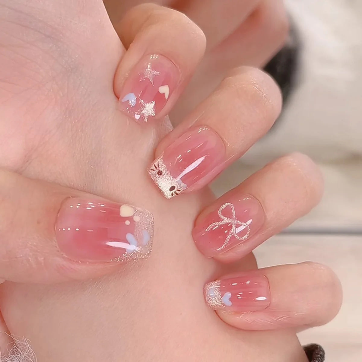 24Pcs Pink Cat Eye Nails Design | French Designs Style Detachable Nails Set
