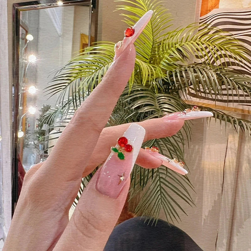 10 Pcs bright cherry red nails | 3D Cherry Charm Red Crystal Jewelry