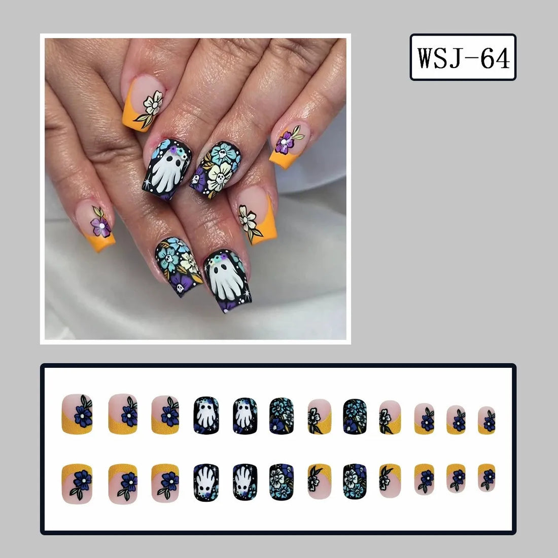 24 French Halloween Nails | Square Press On Nails Ins Style Fake Nails With Ghost Skull Designs