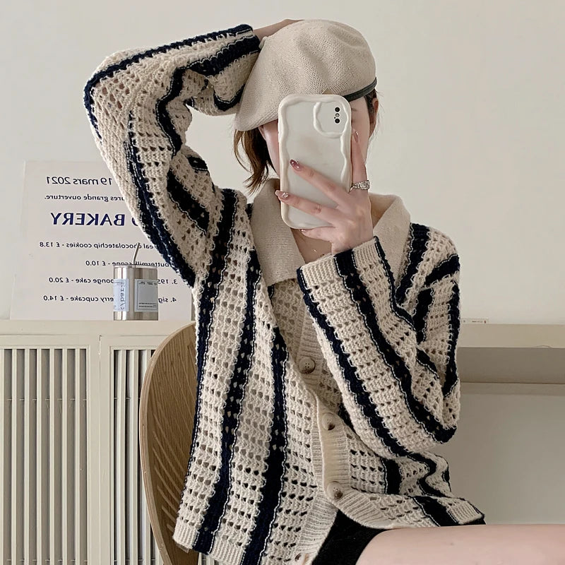 Fashion Lapel Striped Cardigan Sweater | Women Long Sleeve Knitted Coats