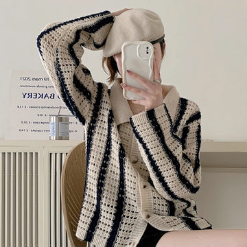 Fashion Lapel Striped Cardigan Sweater | Women Long Sleeve Knitted Coats