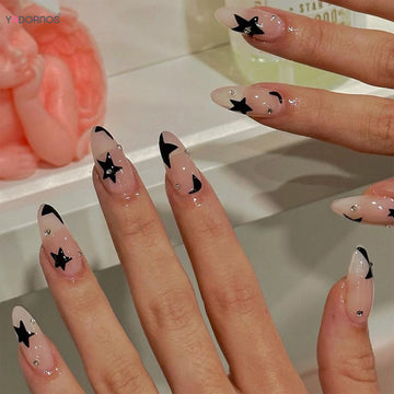 24 Y2k Almond Nails | Star Diamond Designs for Girls | Nude Color Fake Nails