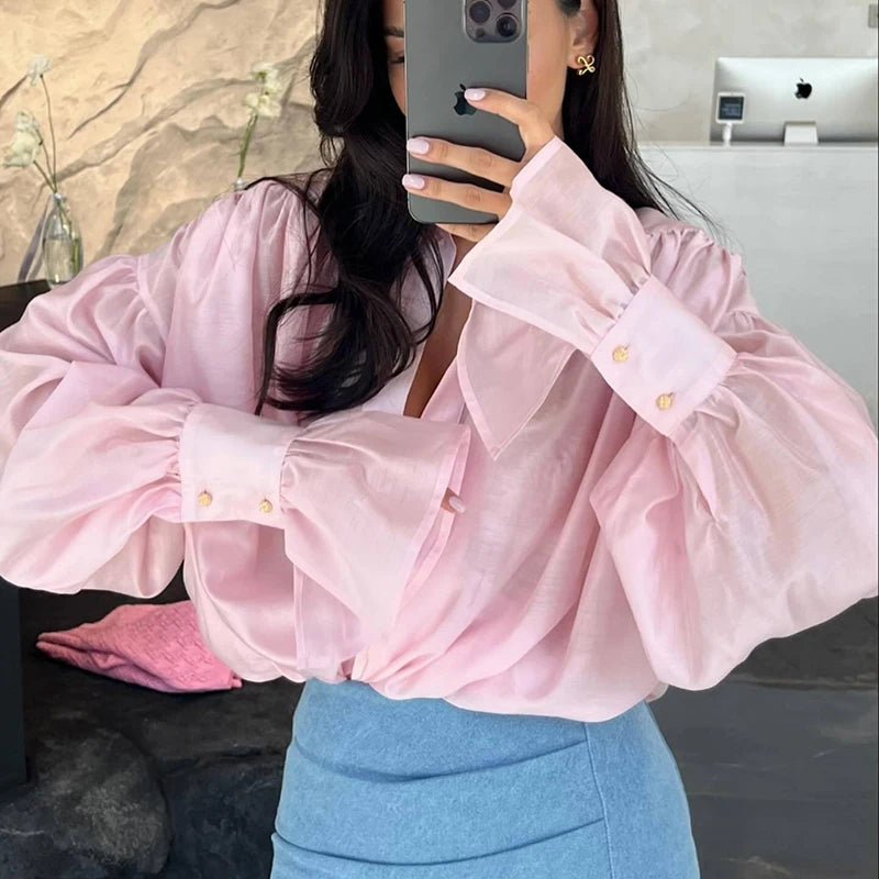Stylish Female Shirt Designs | Office Elegant Lapel Long Sleeved Solid Top