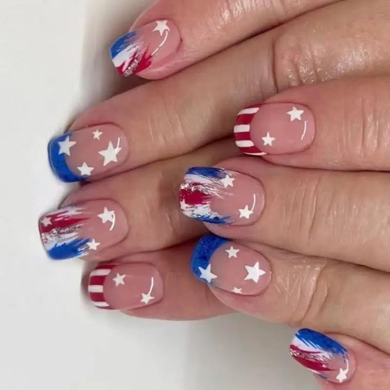 Q1QD 4th of July Short Square French Press-On Nails