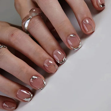 24 Nails For School Easy | Silver Irregular French Design Fake Nails | Detachable Finished Press on