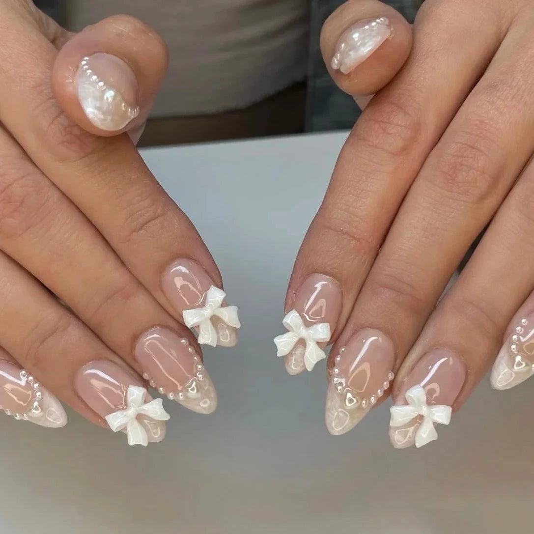 24pcs(+Tools) Classy Nude Pink Nails Featuring Pearl and Bow Accents