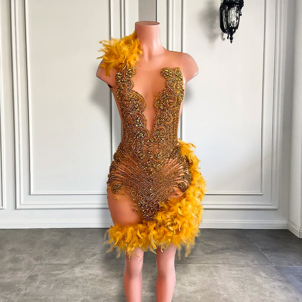 Sexy Birthday Party Formal Gowns | Sparkly Luxury Gold Diamond Black Girls Feather Short Prom Dresses