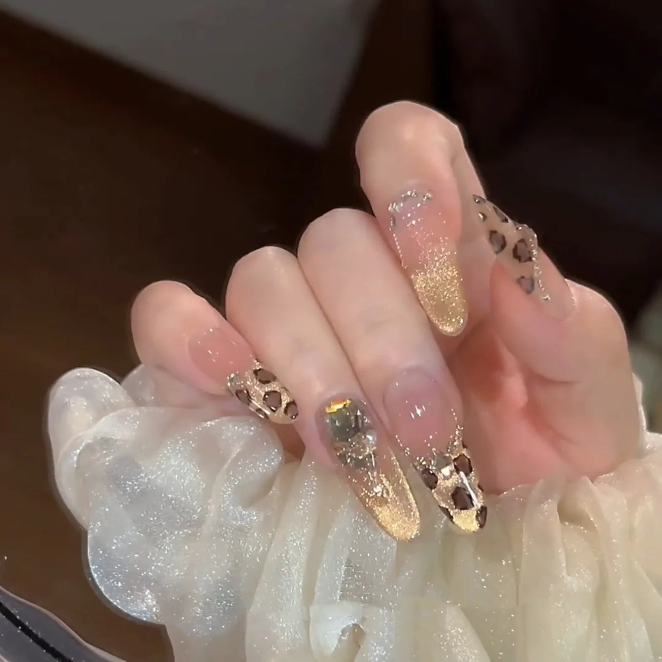 10pcs Handmade Press on Nails Long Oval French Leopard cat eye nail designs for Women&Girl