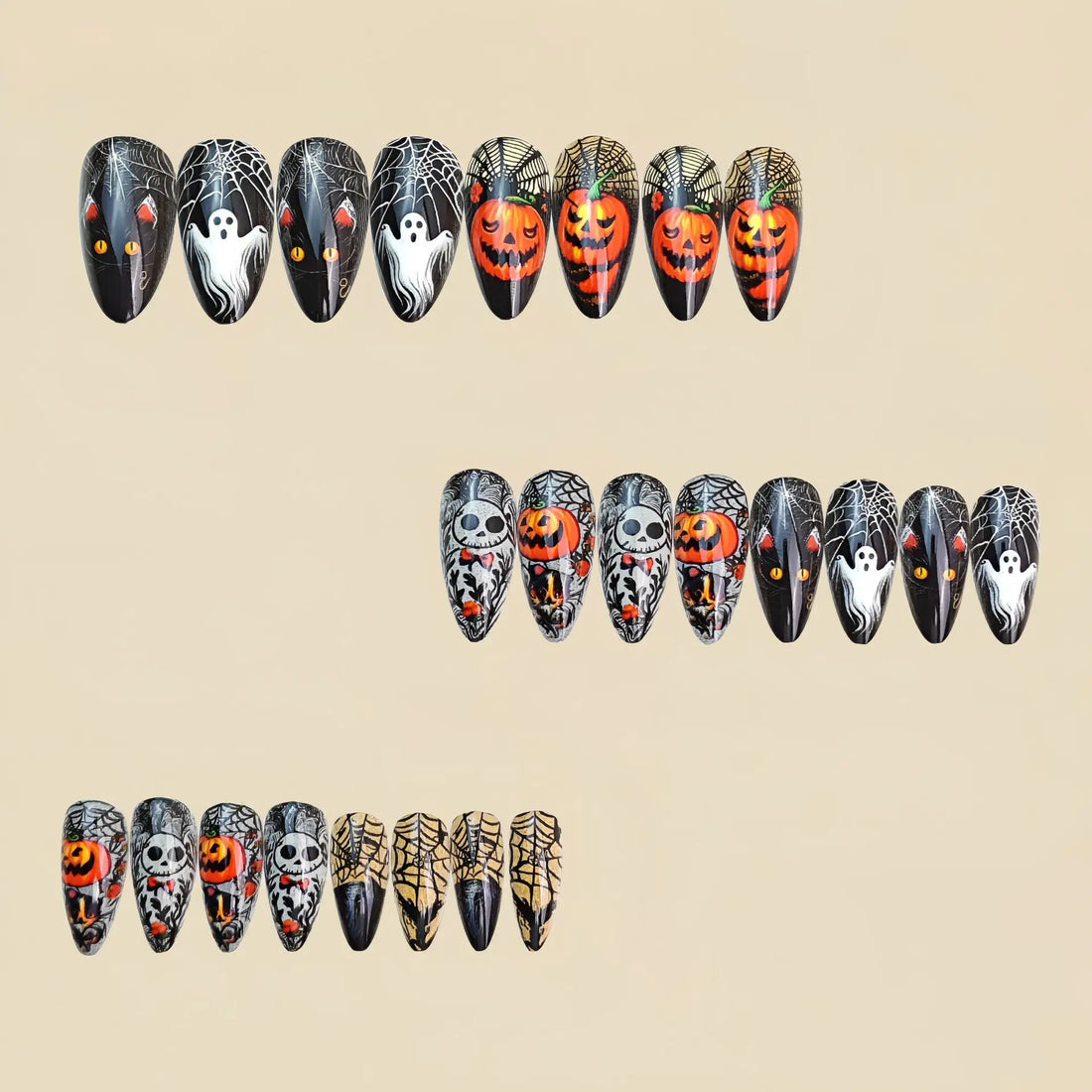 24 Halloween Nails Minimal | Spider Wed Black Cat Print Fake Nail