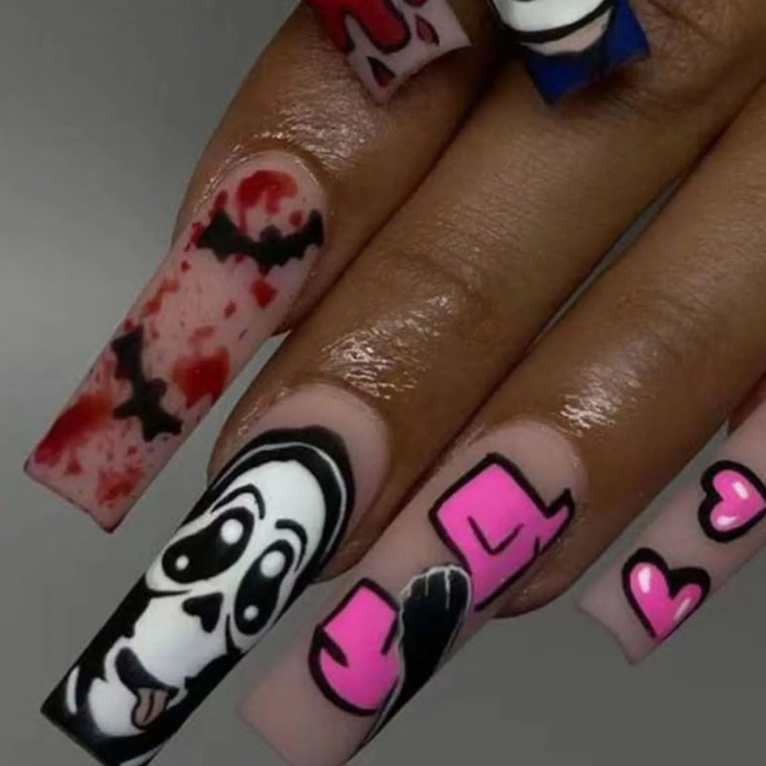 24 long Halloween Press on Nails | Skull Pattern False Nails | Halloween Day Fake Nail