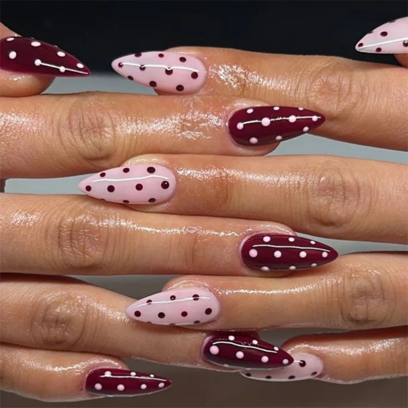 24 Almond Polka Dot Nails with Glue | Fake Nails Spice Girl Wearable Nail Manicure Set