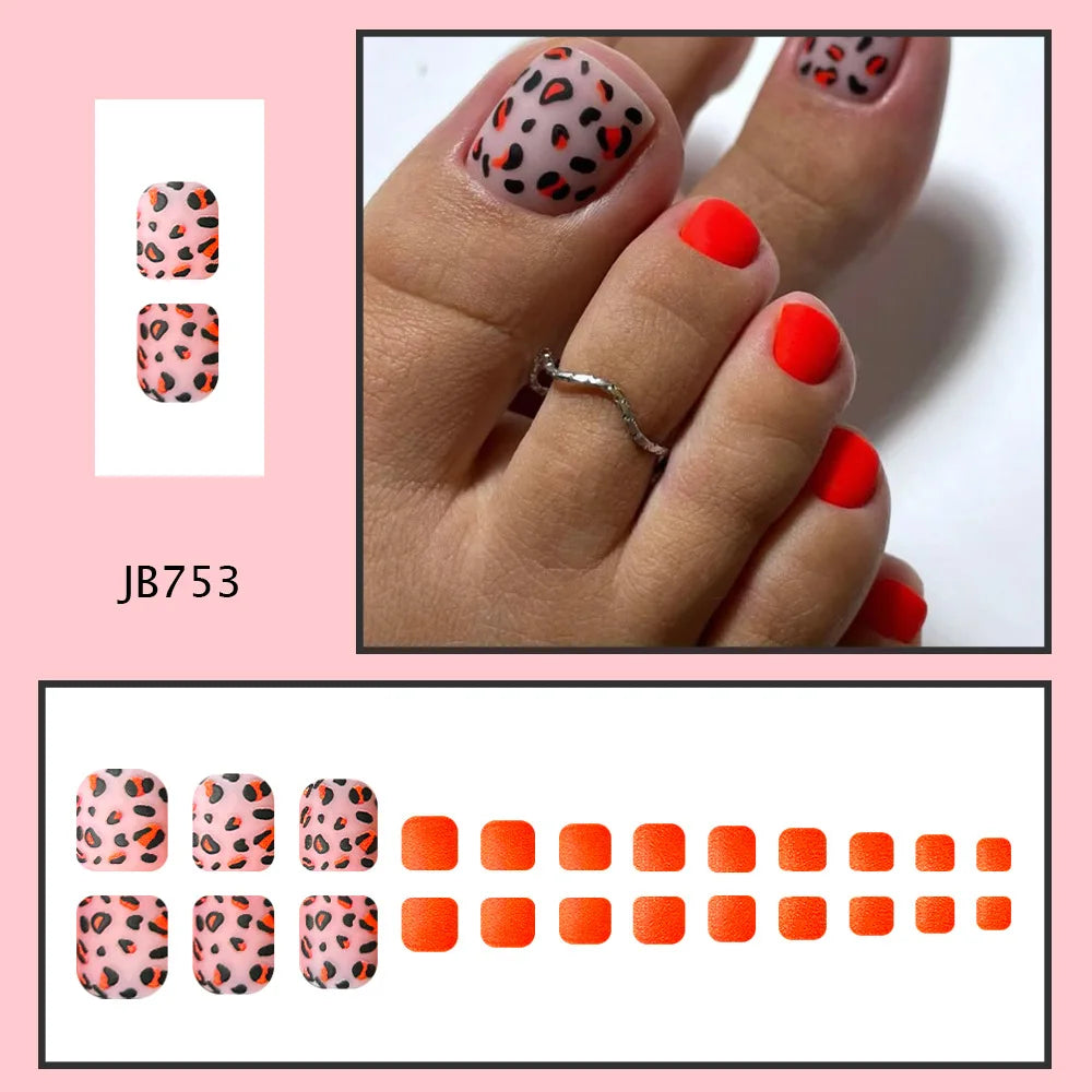 24 Summer Red Press on Toenails |  Cartoon Flowers Fake Nail Tips for Foot Women