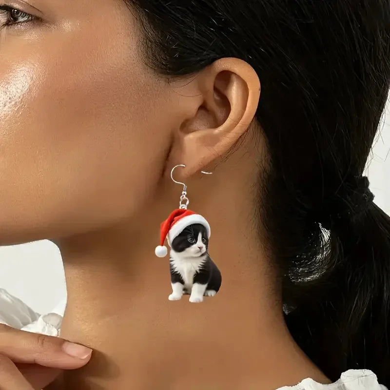 New Christmas Hat Black White Cat Acrylic Earrings | Cute Xmas  Drop Earring New Year Jewelry