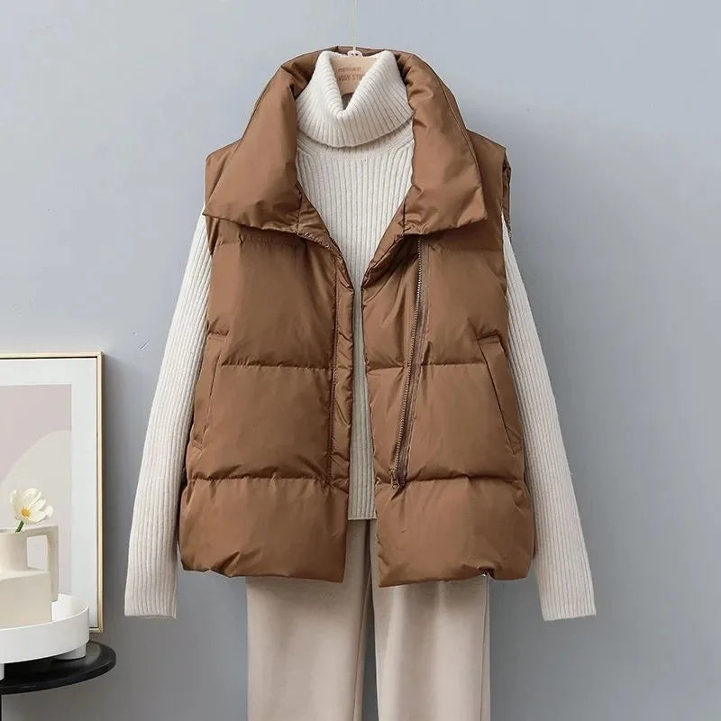 New Winter Warm Cropped Vest Jackets for Women | Fashion Sleeveless Stand Collar Zip Up Puffer Waistcoat