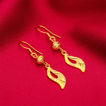 24K Gold Leaf Earrings with Carving | AU999 Pure Gold, 3D veined leaves with carving, shiny finish, elegant