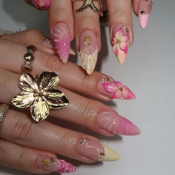 24PCS 3D Valentine's Nails short | with Yellow French Diamonds Fake Nails Artificial Wearable Tips with Glue