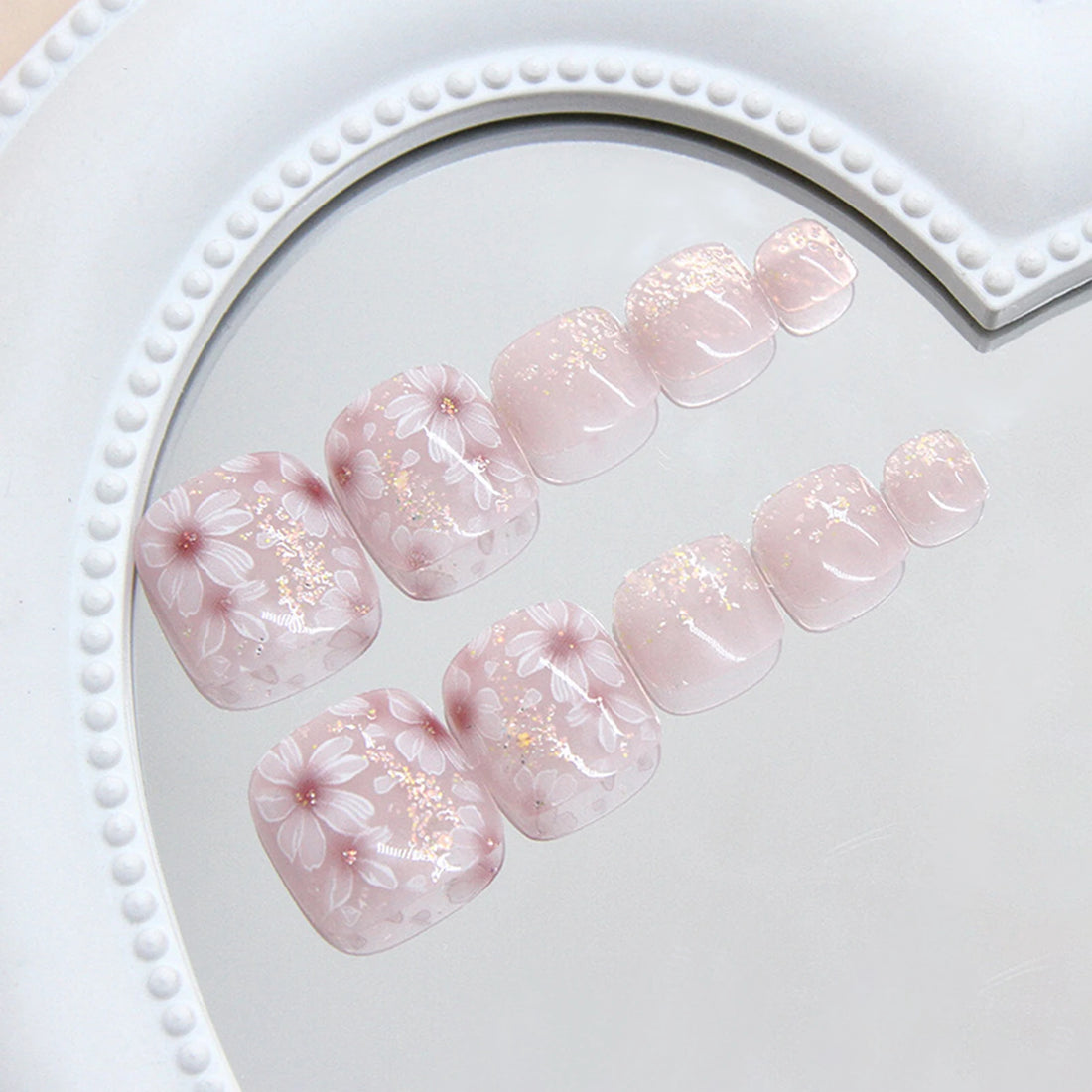24Pcs Floral Nude Toe Nails for summer