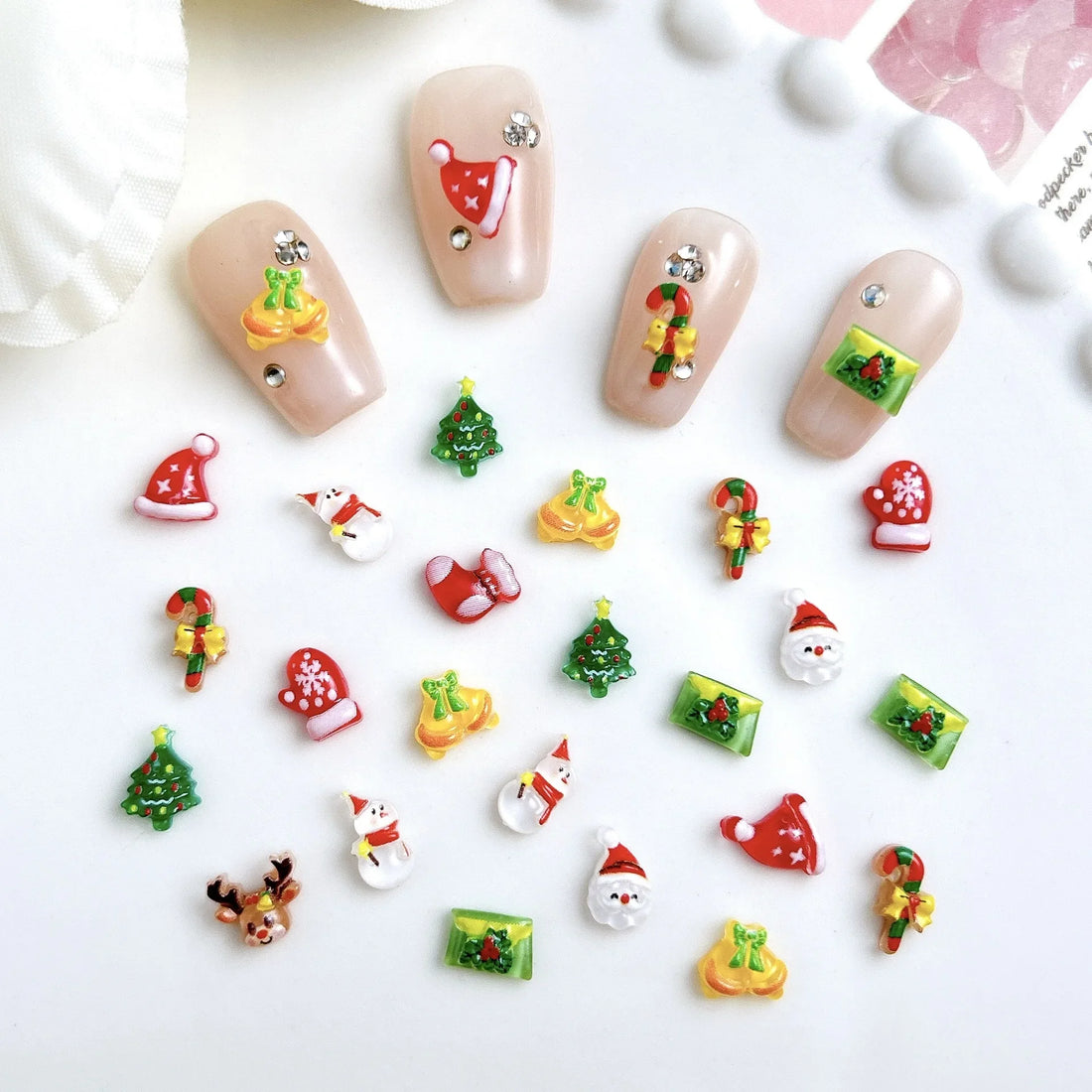 20 Cartoon Christmas nails | Charms Mini Creative Gloves Santa Claus Snowman Resin Nail Art