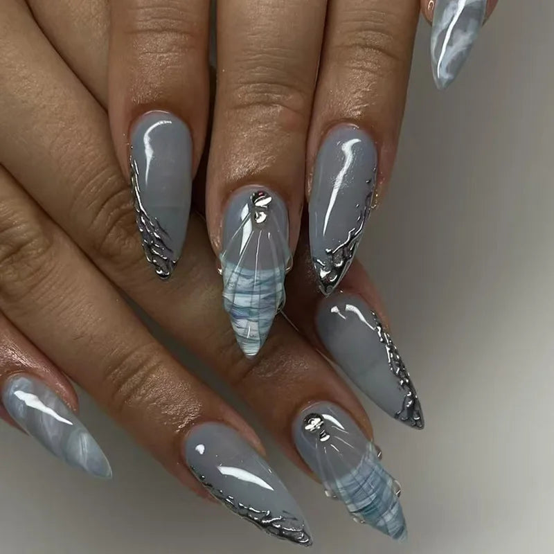 24 Medium Almond Nails Inspo | Press on Marine Shark Design Fake Nail | 3D Shell Pattern
