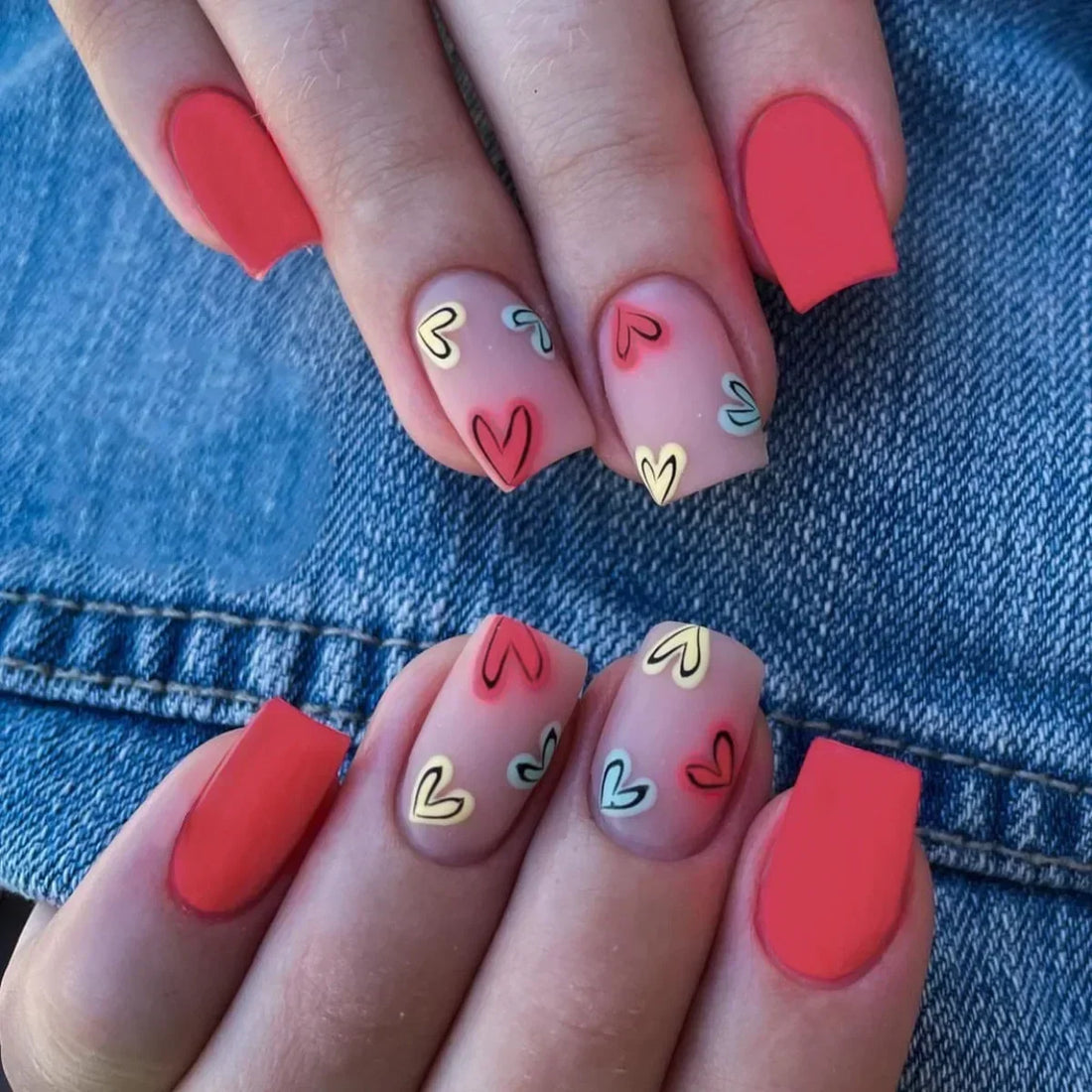 24Pcs Simple Valentines Nails Art | Short Square False Nails with Glue | Love Pattern Press on Nails