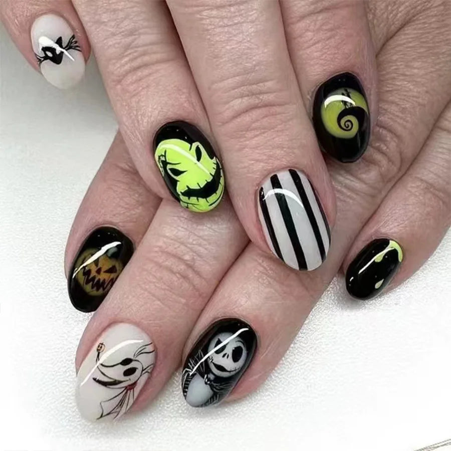 24 Halloween Press On Nails For Women | Short Round Nail Tips Skull Head Black White Stripes False Nails