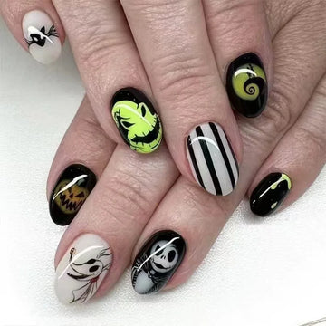 24 Halloween Press On Nails For Women | Short Round Nail Tips Skull Head Black White Stripes False Nails