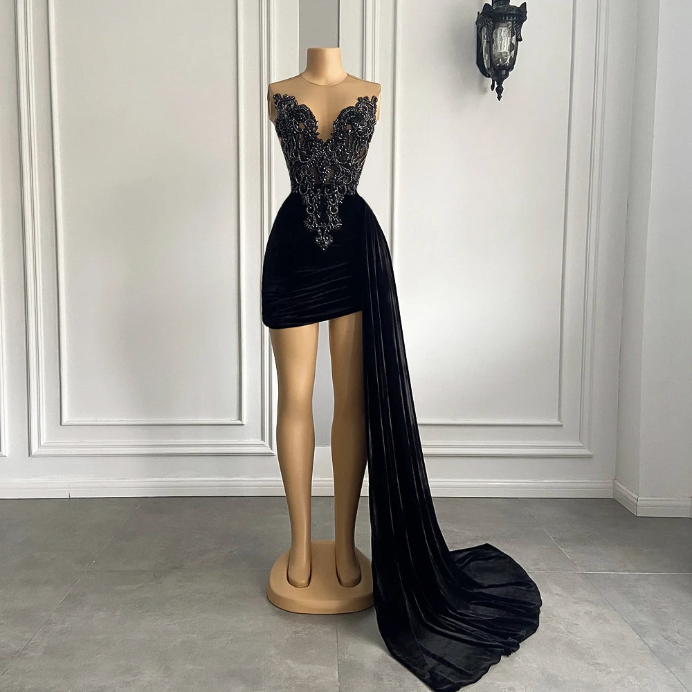 New Arrival Black Homecoming Dresses | Black Velvet Short Prom Dresses With Side Train