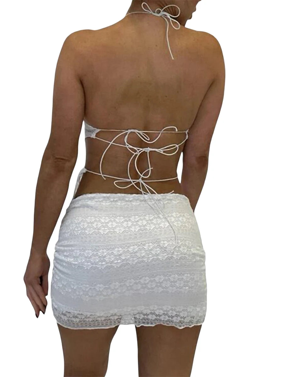 Women Tops Skirt Suit Sleeveless fall dress | Hanging Neck Lace Crop Vest Wrapped Solid Color