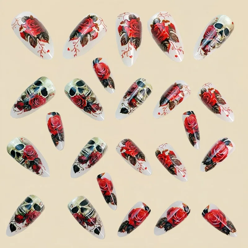 24 False Nails For Halloween for Girls | Almond Press on Nails To Stick Nude Rose Skull Decorations