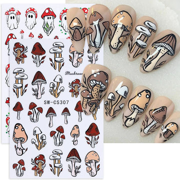 2pcs Halloween Nail Art Stickers | 3D Cartoon Cute Mushroom Ghost Leaf Design Manicure Decoration