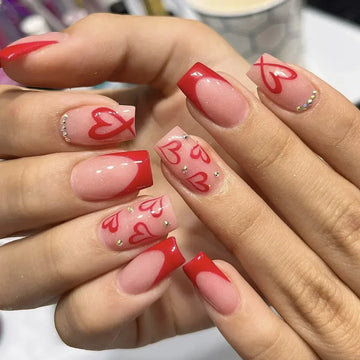 24Pcs Valentine's Day Fake Nails | Press Ons Red Heart Inlaid Diamond False Nails | Acrylic Short Square Nail