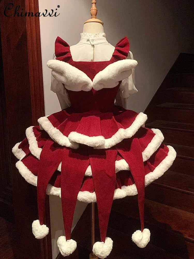 Lolita Christmas New Year Cute Girl Bubble Sleeve Top | Christmas Dress Bow | 2 Pcs Outfits