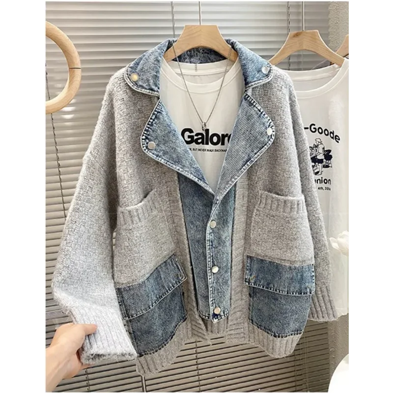Vintage Denim Jacket Womens | Lazy Wind Knitted Sweater Cardigan Fashion Tide Jacket