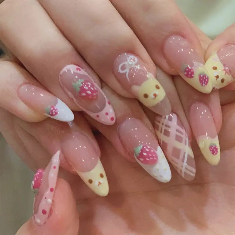 10 Almond Press On Nails with Pink Strawberry Bear Design Acrylic False Nails