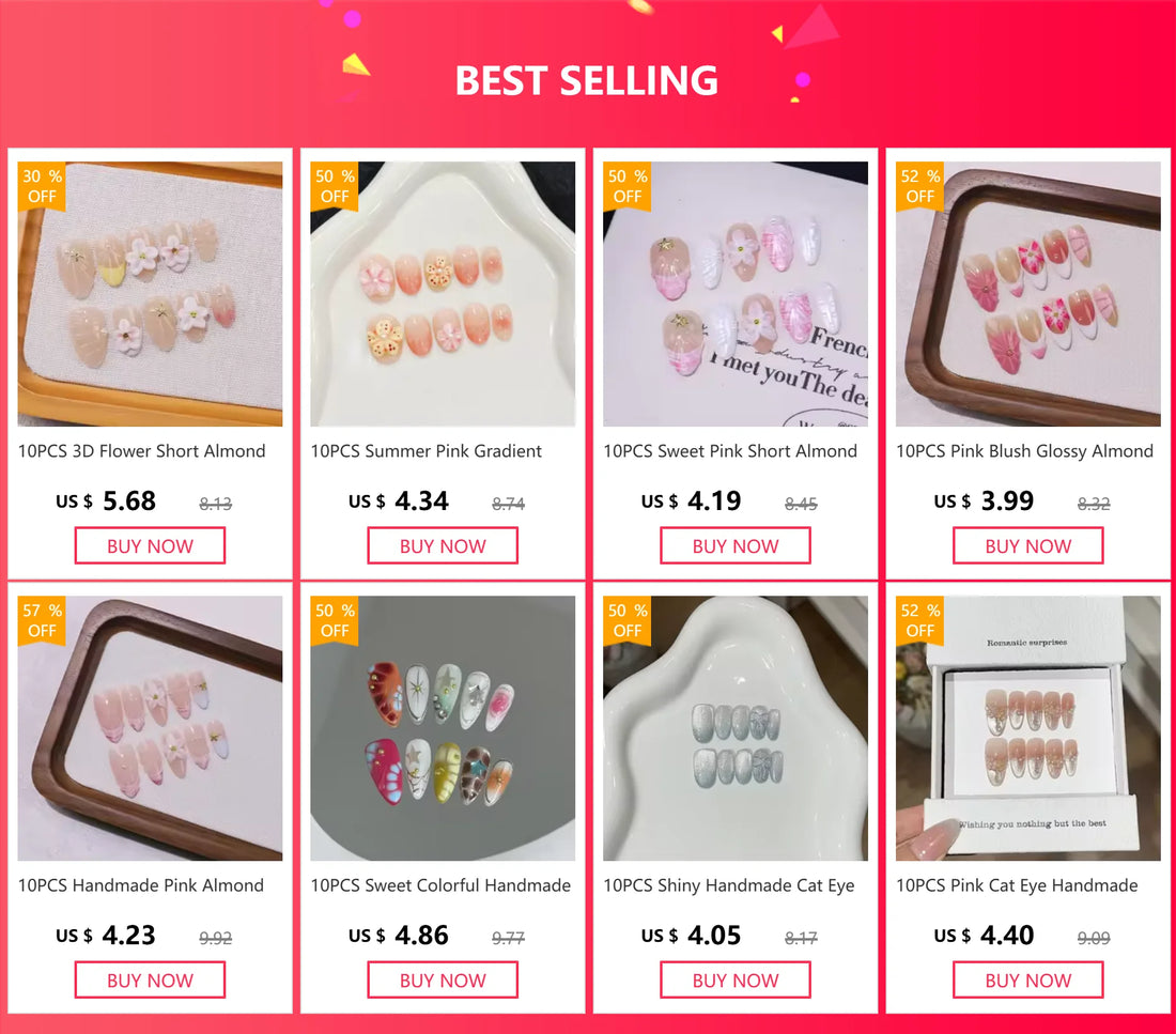 24PCS 3D Valentine's Nails short | with Yellow French Diamonds Fake Nails Artificial Wearable Tips with Glue