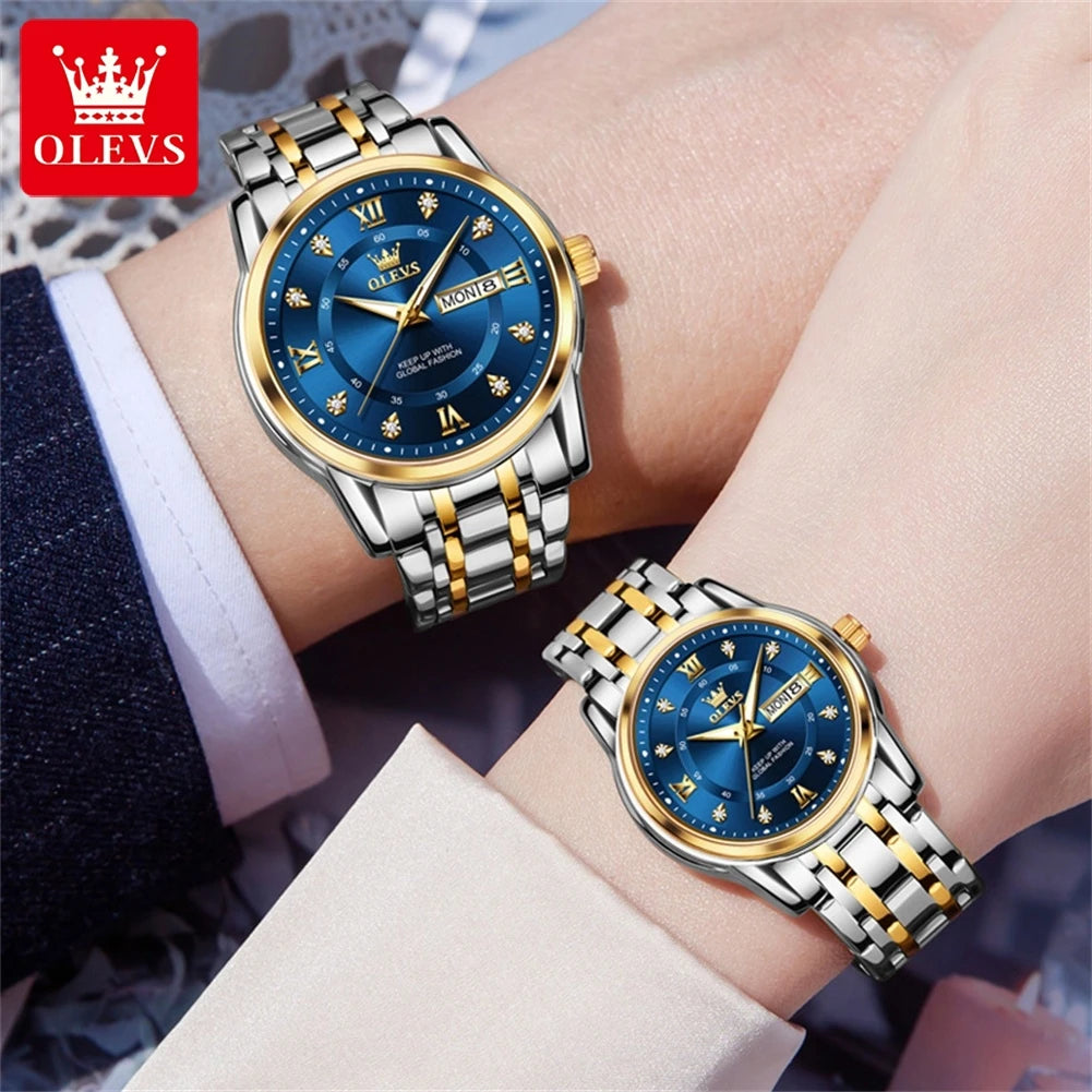 OLEVS 5513 Couple Watch For Wedding | Stainless Steel Waterproof Double Calendar Trendy Quartz Watch