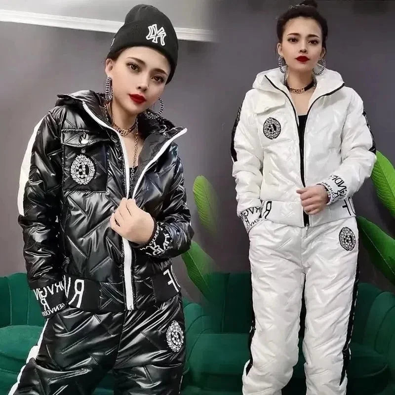 Winter Korean Glossy Parka Women Suit | 4Xl 5Xl Two Piece Set Casual Hooded Cotton Padded Short Coat + Thicken Pant