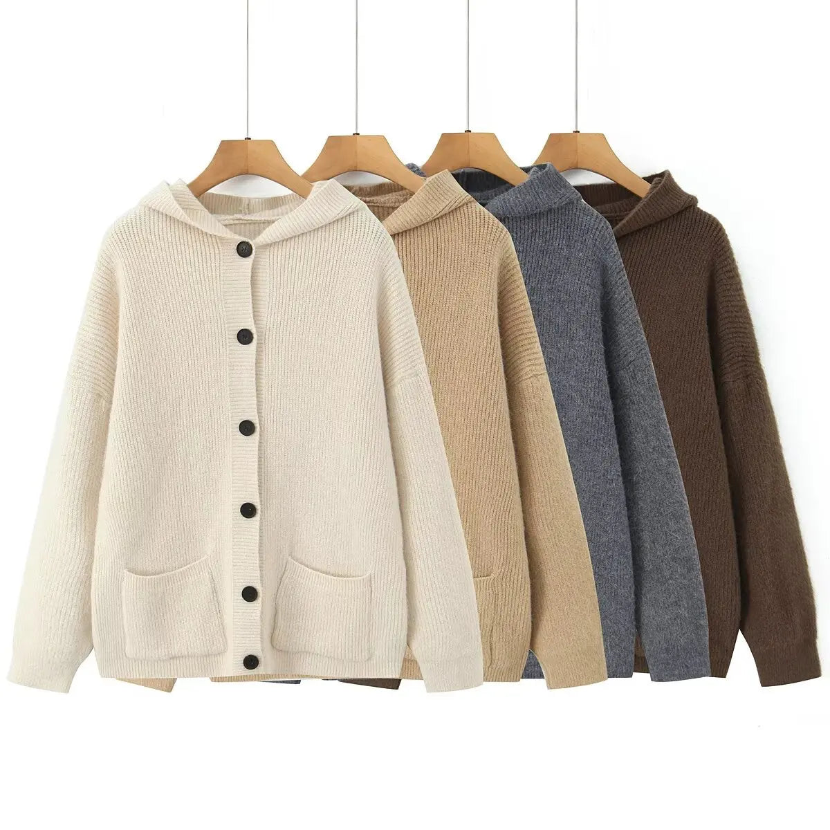 Hooded Cardigan Sweater | New Solid Color Hooded Knitted Cardigan | Retro Long Sleeve