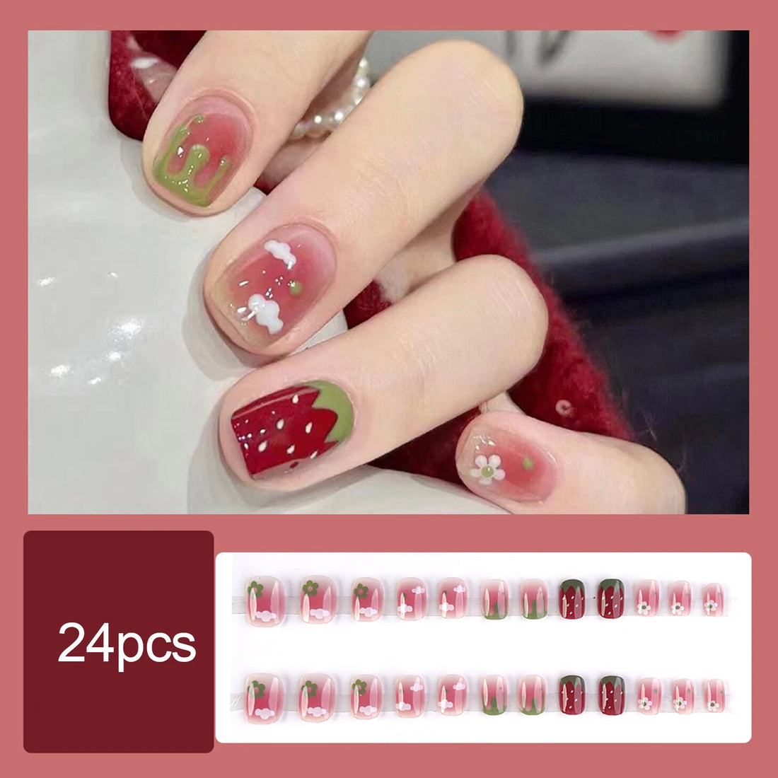 24PCS * Jelly glue pink nails design with Strawberry Printed | Fake Nails for Hot Girl