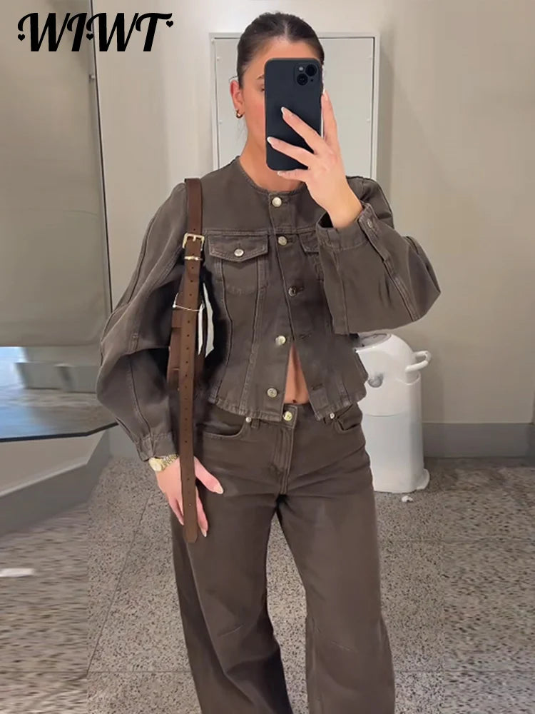 Vintage Denim Jackets Pants Set | Women Casual Single Breasted Long Sleeve Coat Wide Leg Trousers