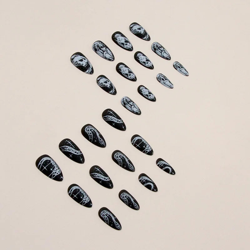 24 Black Halloween Nails – Medium-Long Almond Shape With Halloween Skull Designs