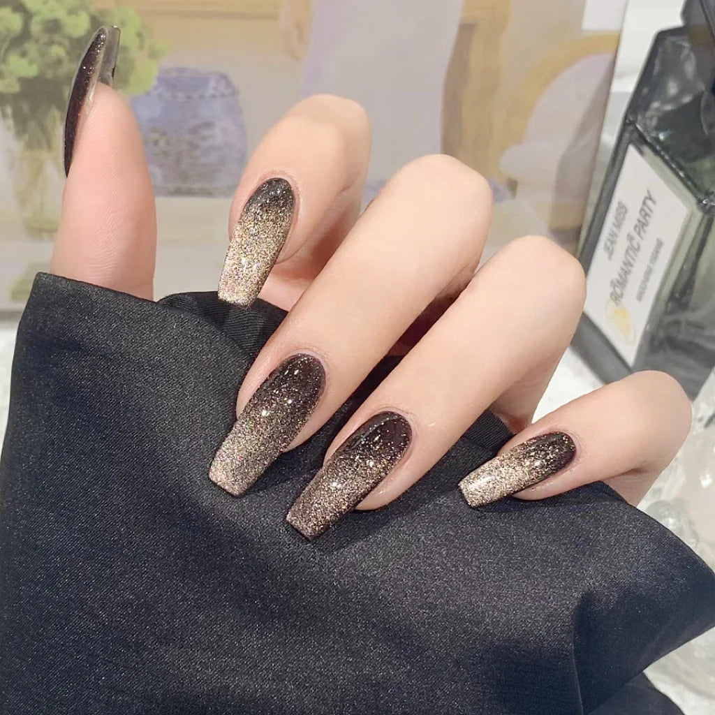24PCS/1BOX Coffee Cat Eye Nails | Phototherapy Hand-worn Armor Fake Nails
