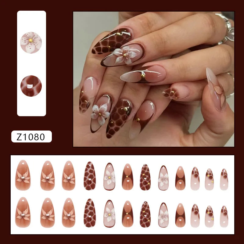 24PCS Brown Lily Flower Earth Tone Nail Colors