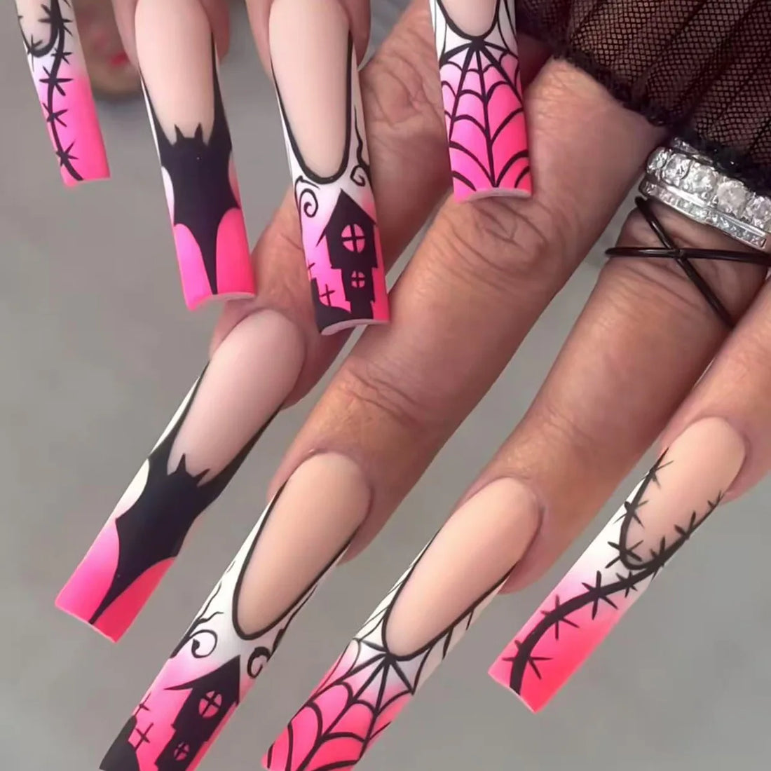 24 Coffin Halloween Nails | Long Ballet Coffin Black French Press on Nails